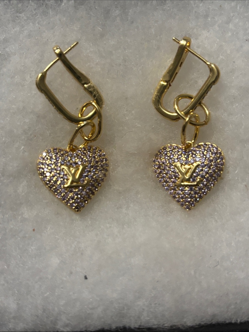LV Gold Heart Drop Earrings with Lavender Crystals